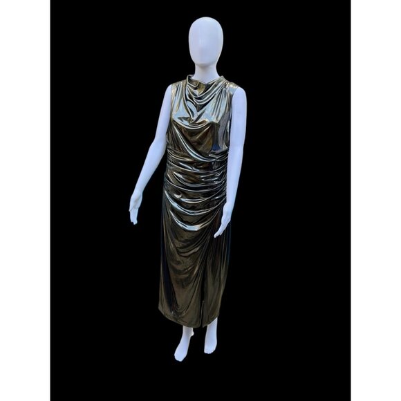 Vince Camuto Gold Metallic Draped Sleeveless Midi Dress Size 14 New With Tags Wo - Picture 2 of 12